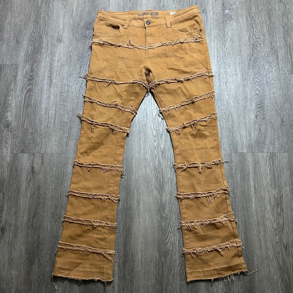 Bleecker and Mercer Stack Flare Jeans 36x36 36X35 Brown Distressed Streetwear
